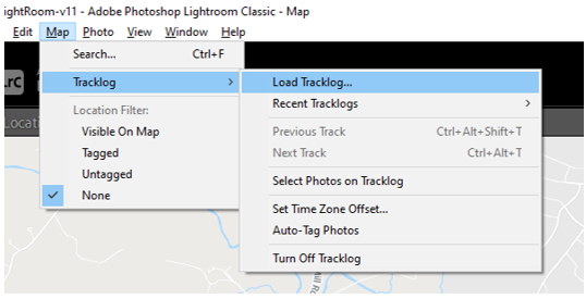 Tracklog displayed in Lightroom