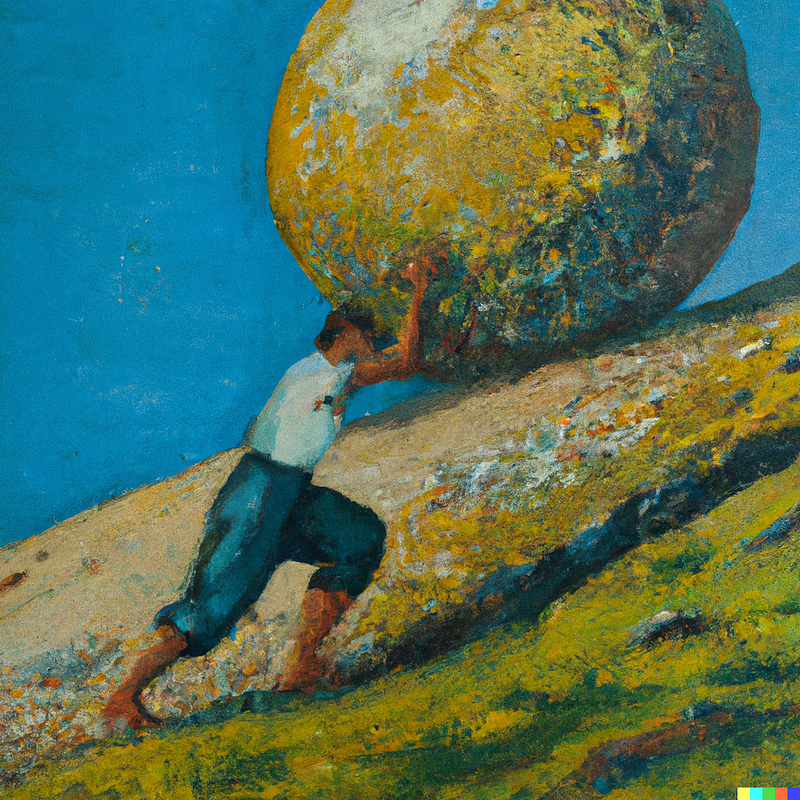 An illustration of Sisyphus pushing a boulder