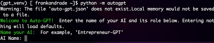 Screenshot demonstrating the Auto-GPT terminal command