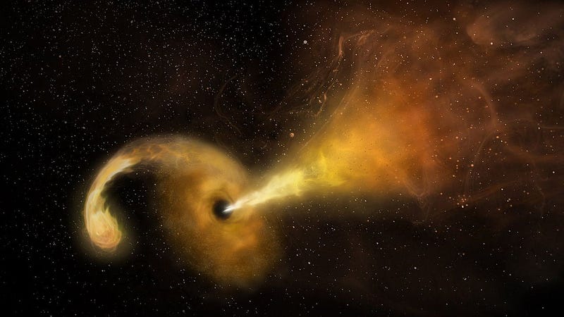 A visualization of a star being consumed by a black hole