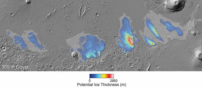 A map showing potential ice thickness in the Medusae Fossae Formation.