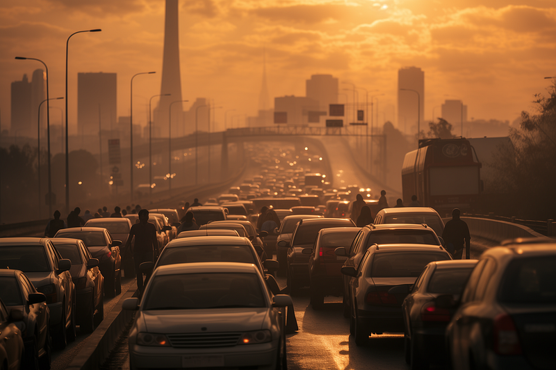 A congested freeway scene following an EMP attack.