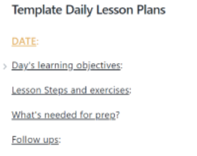 Template layout for lesson planning