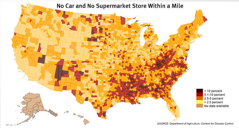 Map highlighting food desert locations in the U.S.