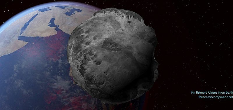 An illustration of a city-sized asteroid approaching Earth